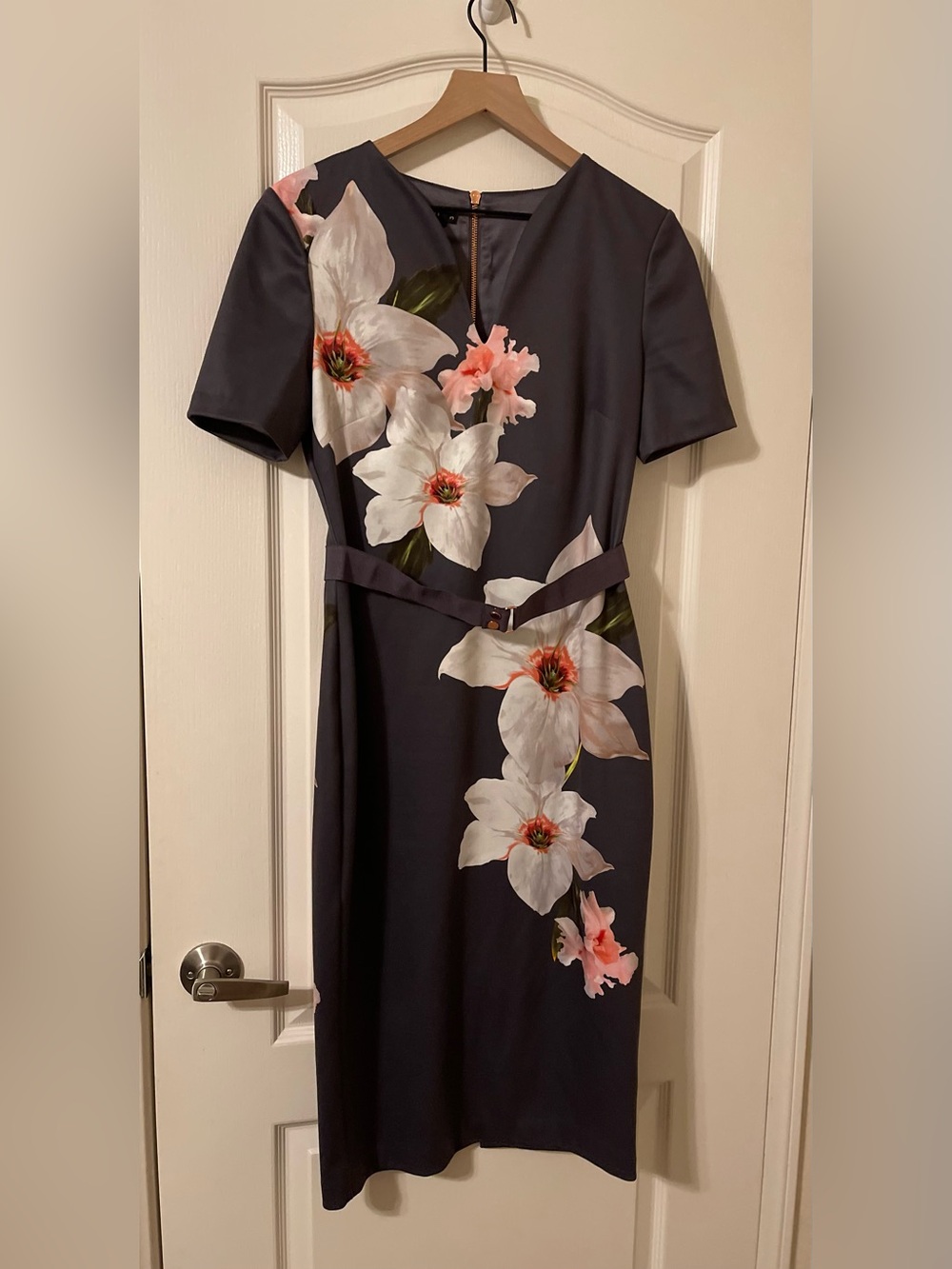 Ted Baker Navy Midi Dress with White & Pink Floral Print